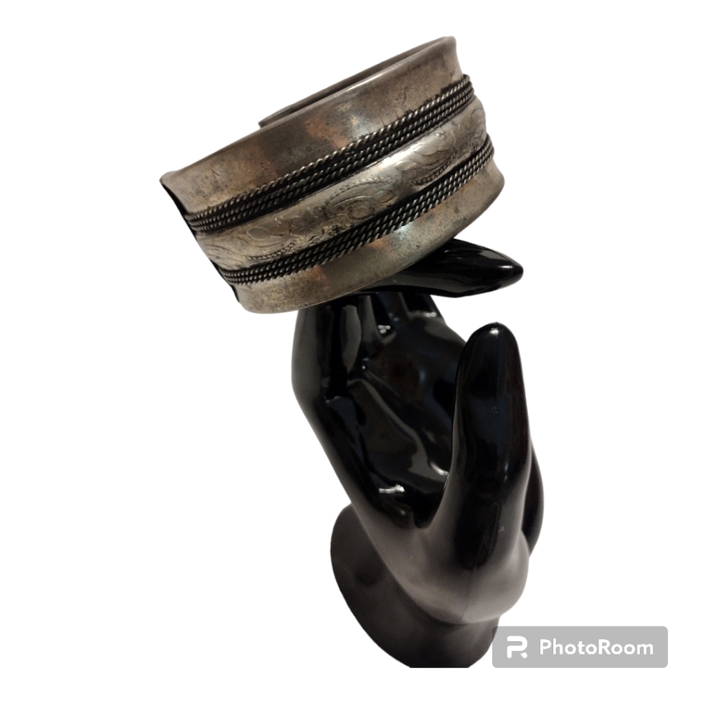 Artisan Hand Etched Silver Statement Cuff - Tribal Boho Style
